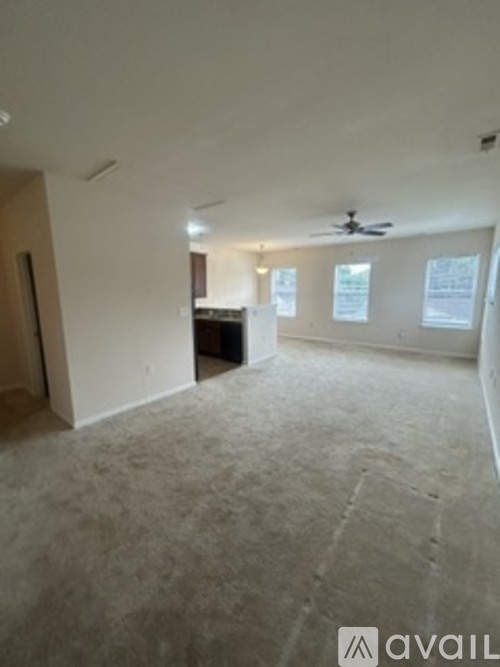A spacious room with a ceiling fan and carpeted floor.