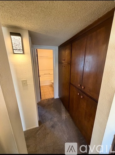 A hallway with a doorway leading to another room.