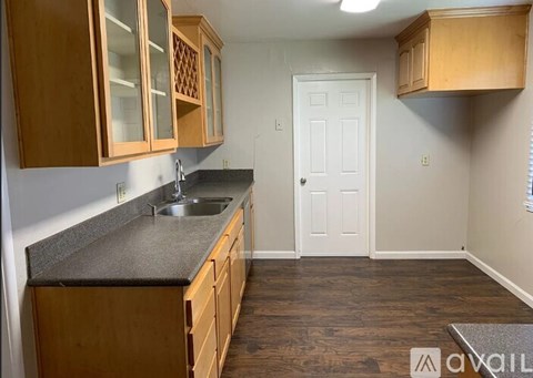 A kitchen with wooden cabinets and a white door.