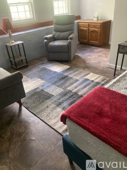 A grey chair and a grey couch in a room with a rug.