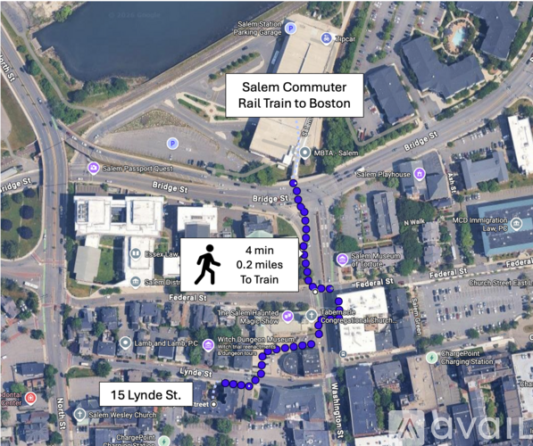 A map shows a walking route from 15 Lynde St. to the Salem Commuter Rail Train to Boston.