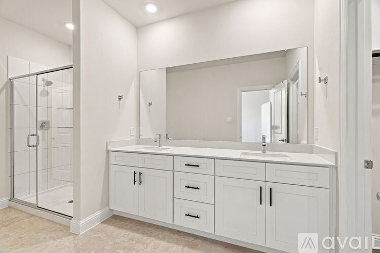A bathroom with a white vanity and a walk-in shower.