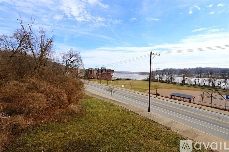 A road with a grassy area on the side and a body of water in the distance.