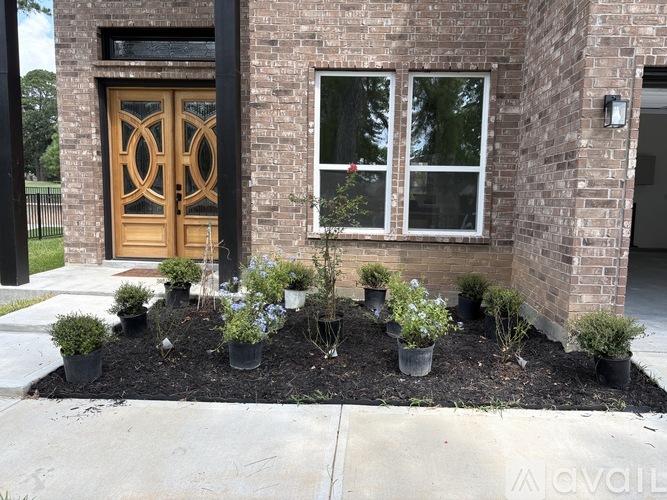 A house with a brown door and a window with plants in front.