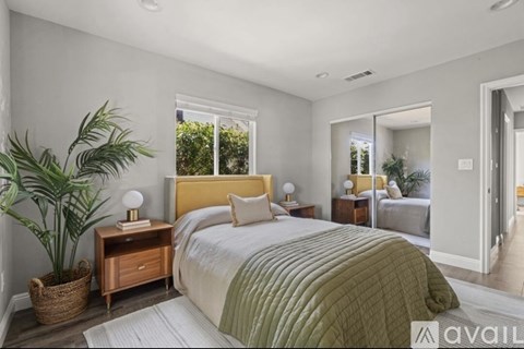 A bedroom with a bed, nightstands, and a plant.
