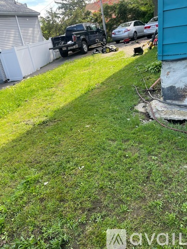 A grassy yard with a truck and a car in the background.
