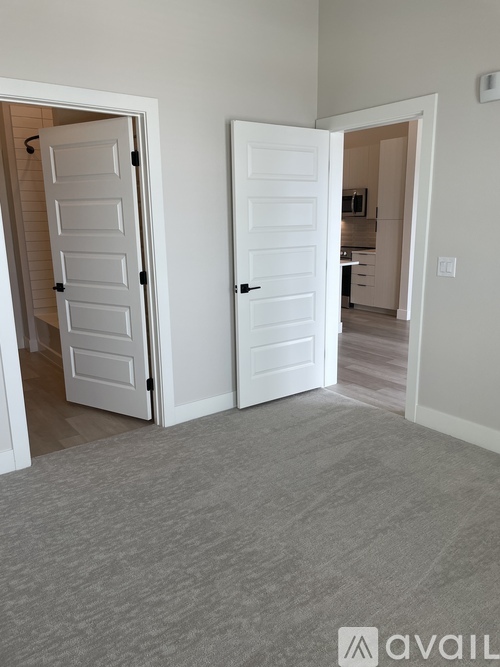 A room with two white doors and a carpeted floor.