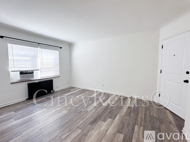A room with wooden flooring and a white door.