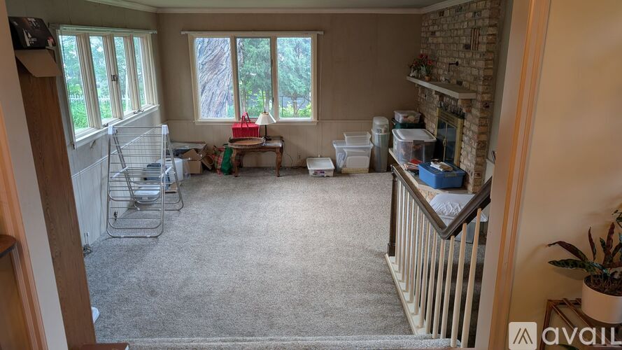 A room with a carpeted floor and a window with a view of trees.