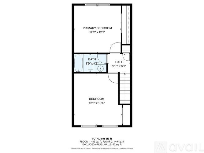 A floor plan of a small apartment with a primary bedroom, a bath, a hallway, and a bedroom.