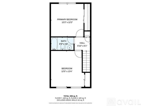A floor plan of a small apartment with a primary bedroom, a bath, a hallway, and a bedroom.