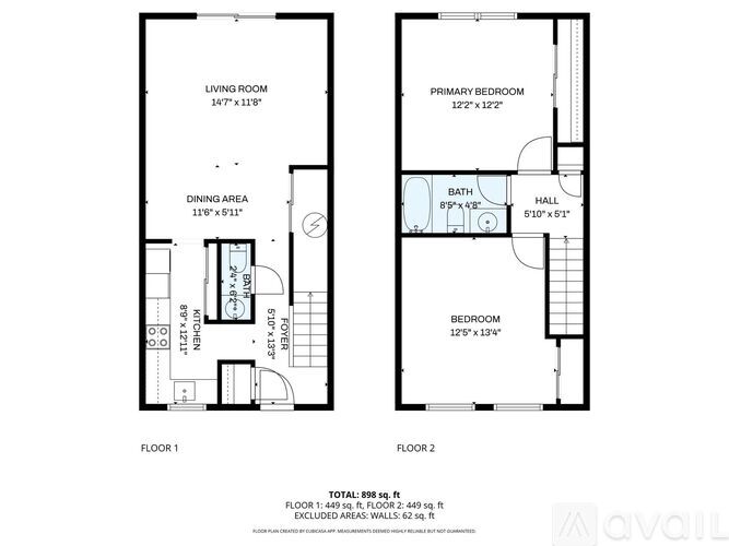 A floor plan of a two-story apartment with a living room, dining area, kitchen, and bedrooms.