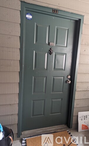 A green door with a mailbox on the side.