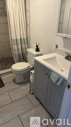 A white toilet sits next to a sink in a bathroom.