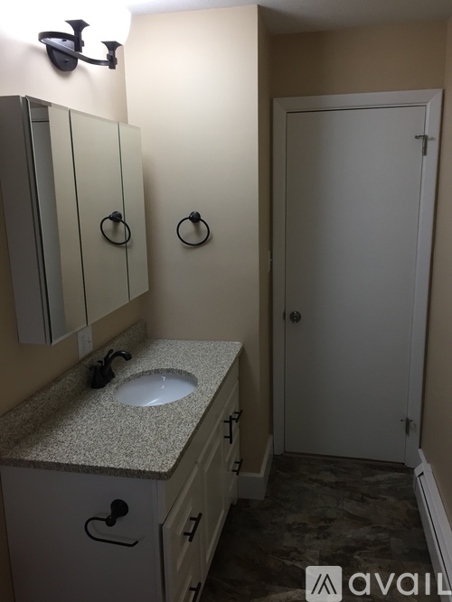 A bathroom with a sink, mirror, and cabinets.