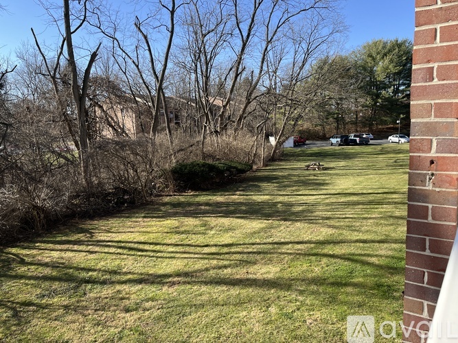 A grassy area with trees and a building in the background.