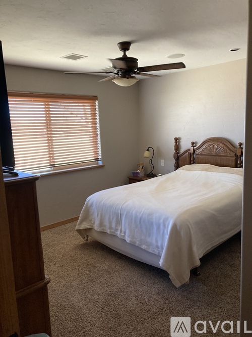A bedroom with a bed, carpet, and a ceiling fan.