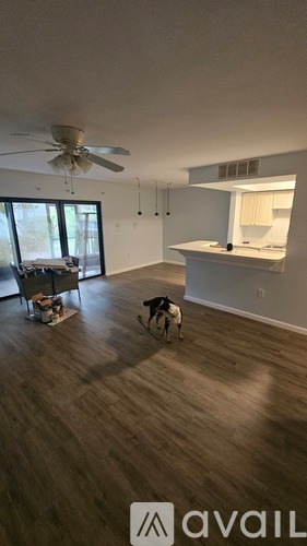 A dog is standing in a room with a fan and a kitchen in the background.