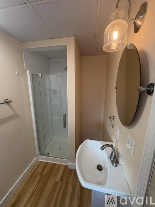 A bathroom with a sink, mirror, and shower.