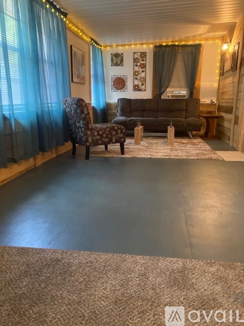 A living room with a couch, chair, and a rug.