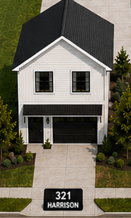 A white house with a black roof and a garage door.