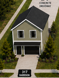 A house with a concrete driveway and garage.