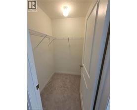 A small, empty bedroom with a carpeted floor and a single light bulb on the ceiling.
