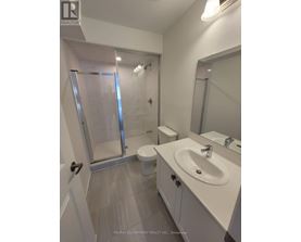 A white bathroom with a toilet, sink, and walk-in shower.
