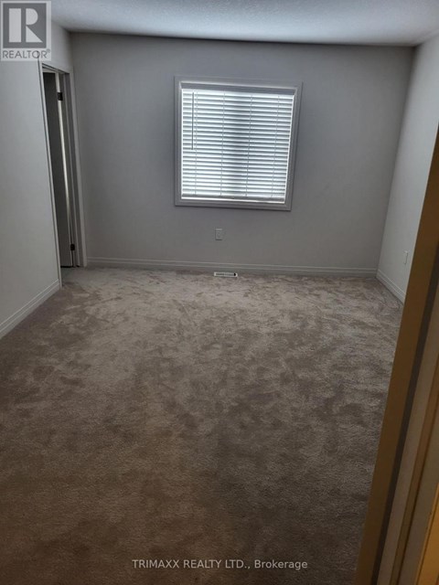 A room with a carpeted floor and a window with blinds.