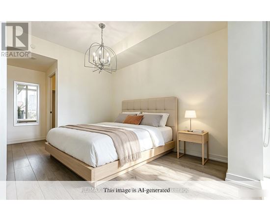 A bedroom with a large bed and a small nightstand.