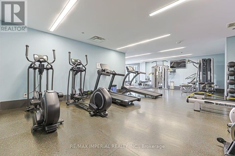 A gym with a variety of equipment including treadmills, elliptical machines, and weight machines.