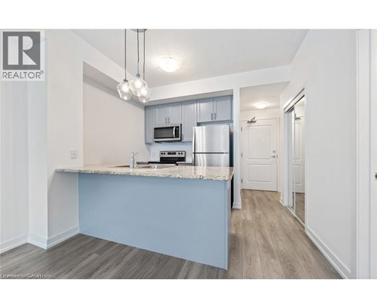 A kitchen with a counter and cabinets.