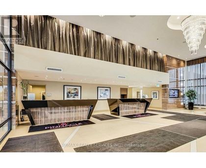 A reception area with a black and white checkered floor.