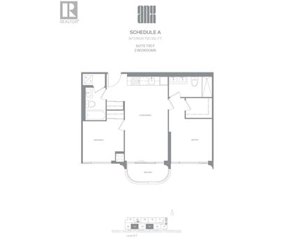 A floor plan for a Schedule A interior 730 sq.ft. suite with 2 bedrooms.