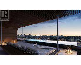A luxurious outdoor living space with a pool and a view of the city skyline.