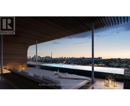A luxurious outdoor living space with a pool and a view of the city skyline.