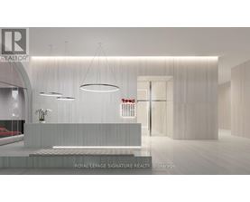 A modern realtor office with a reception desk and a red car parked outside.