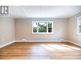 A room with wooden floors and a window showing trees outside.
