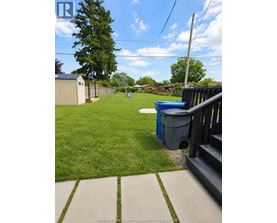 A backyard with a blue trash can and a wooden fence.