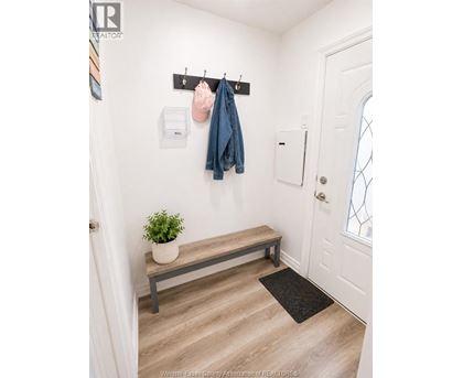 A hallway with a bench, coat rack, and a plant.