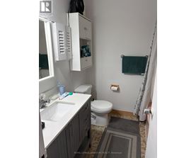 A bathroom with a toilet, sink, and cabinet.