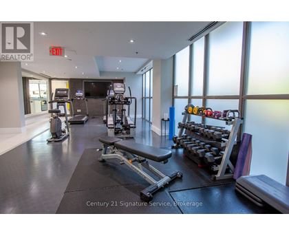 A gym with a variety of equipment including treadmills, weights, and exercise machines.