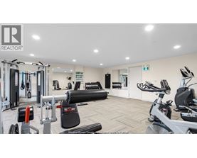 A gym with a variety of equipment including a treadmill, weights, and a stationary bike.