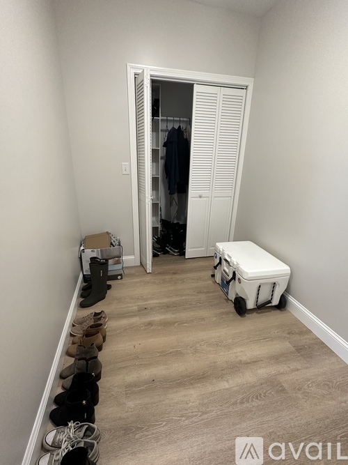 A hallway with a row of shoes on the left and a white closet on the right.