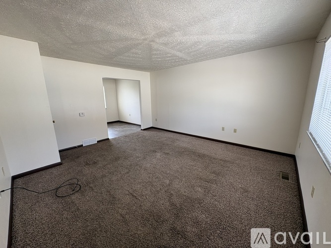 A room with a carpeted floor and a window on the right side.