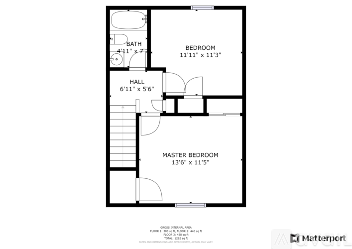 A floor plan of a house with a master bedroom, two other bedrooms, a bathroom, and a hall.
