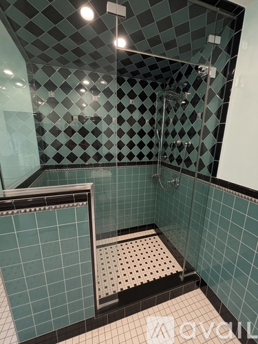 A shower with a black and white tiled wall.