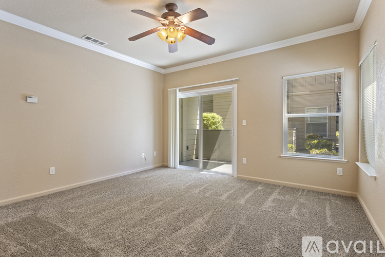 A room with a ceiling fan and carpeted floor.