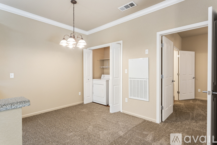 A room with a carpeted floor and a ceiling fan with lights.