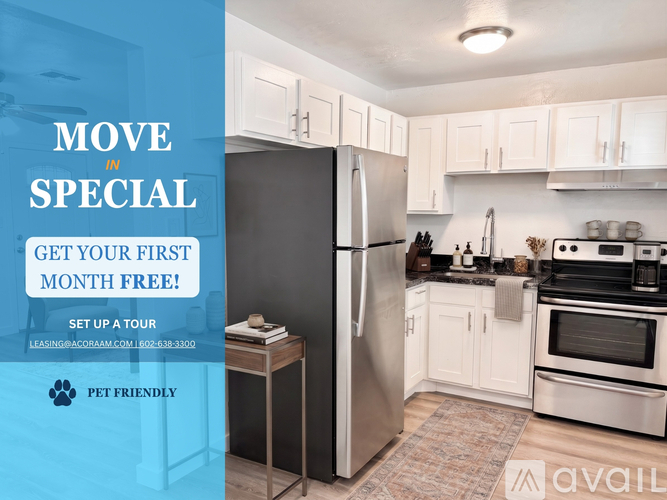 A kitchen with a refrigerator, stove, and oven, with text advertising a first month free offer.